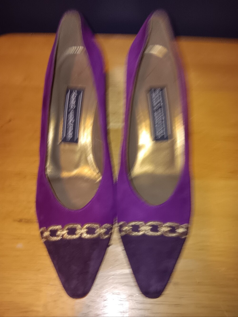 Stuart Weitzman Purple Suede Pointed Toe Pumps with Gold Chain Accent Size 6 1/2